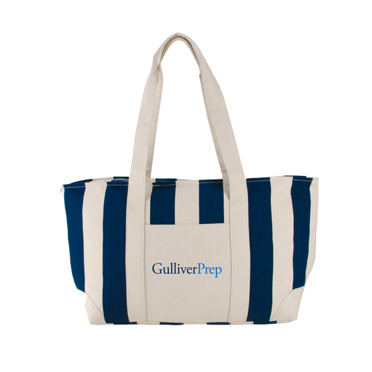 Large Striped Canvas Tote, Tan/Navy